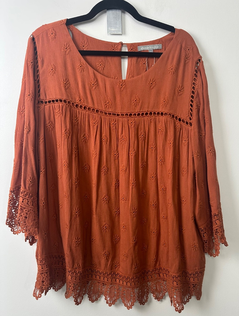 NWOT Daniel Rainn 2X Embroidered Rayon Cotton Lace Boho Blouse Top Rust A3